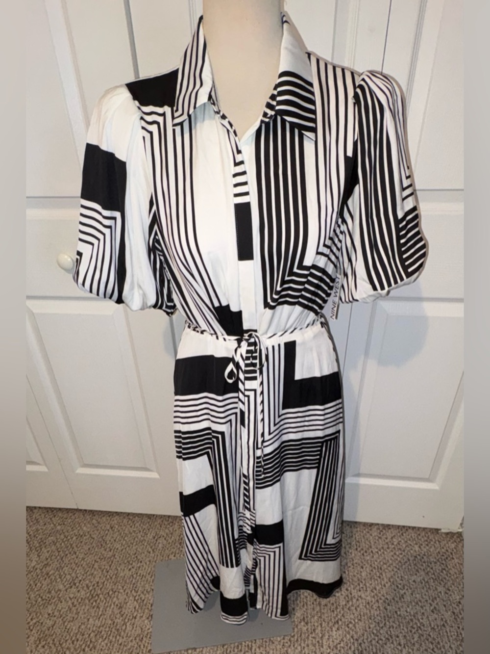 Nine West Black and White Striped/Geometric Collared Dress